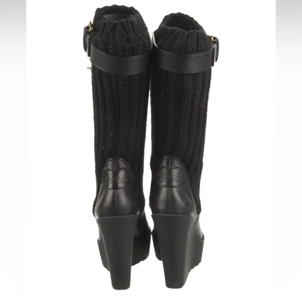 Gucci Black Wedge Boots with Knit Design - Picture 4 of 9